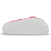 Pink patterned two-strap sandal shown from sole side view with textured white footbed