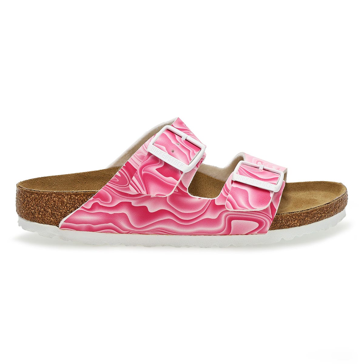 Two-strap sandal with pink marble pattern upper and cork footbed, side view