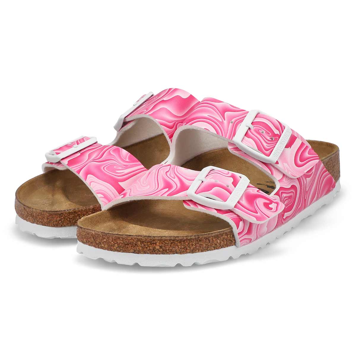Pink marbled two-strap sandals with buckles and cork footbed, angled view