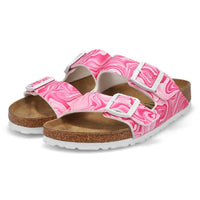 Pink marbled two-strap sandals with buckles and cork footbed, angled view