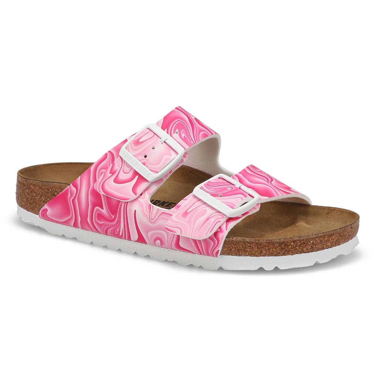 Pink patterned two-strap sandals with cork footbed and white buckles, side angle view