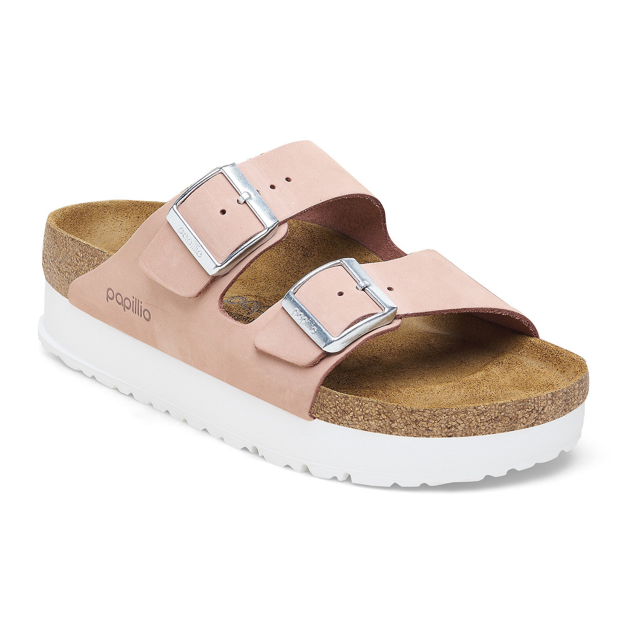 Pink platform sandals with two adjustable buckle straps and white sole