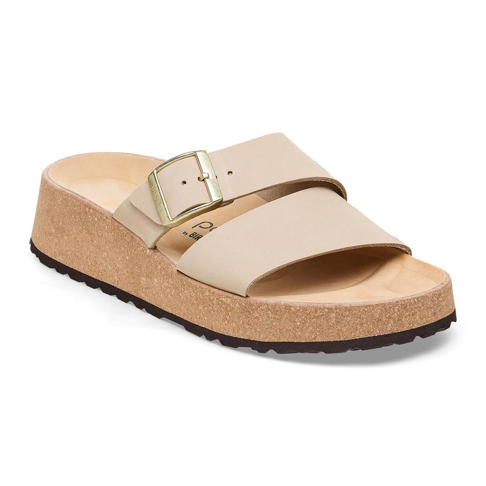 Beige nubuck leather slide sandal with adjustable buckle strap and cork footbed