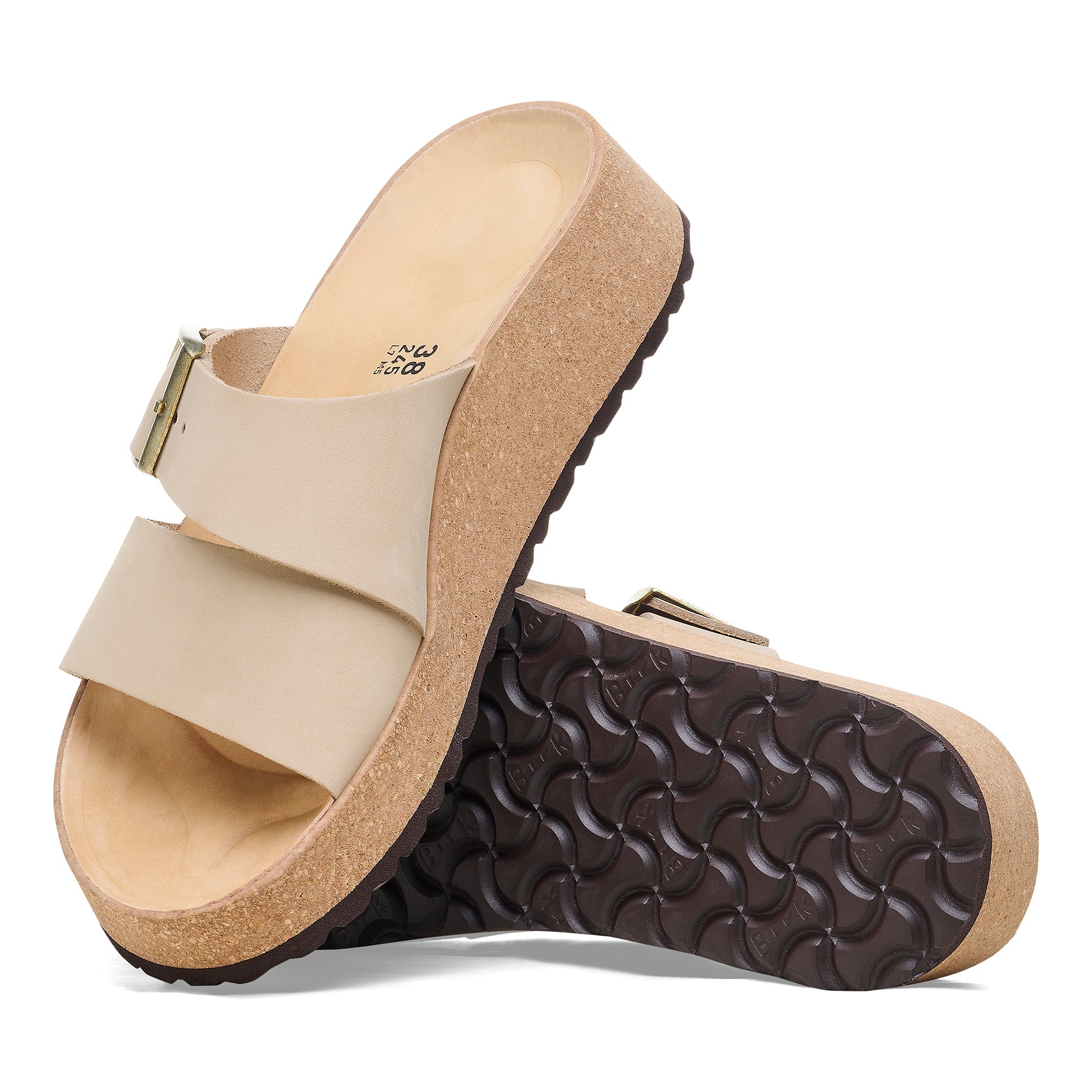 Two-strap slide sandals with adjustable buckles showing top and sole views