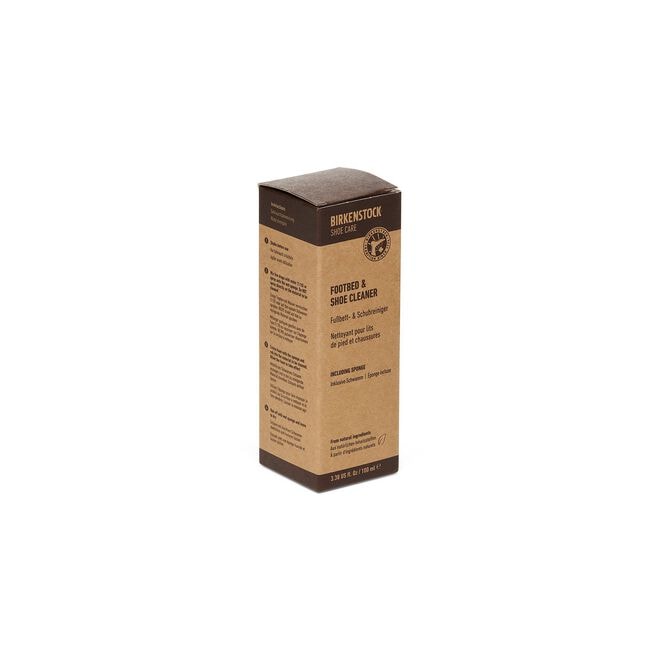 Rectangular cardboard box of shoe cleaner with brown top and tan body, product information text visible