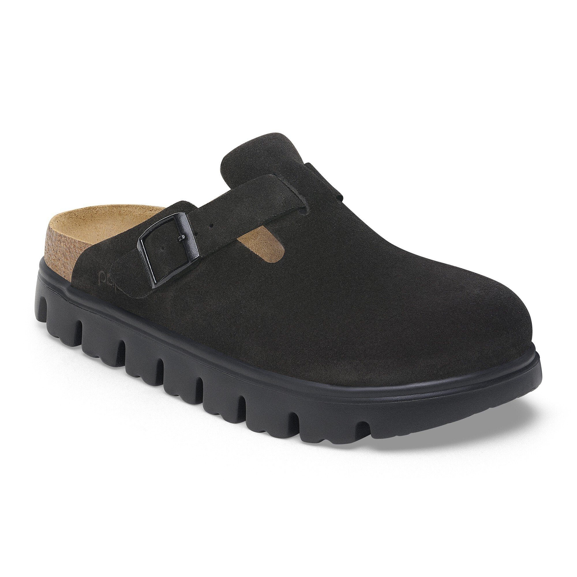 Black suede closed-toe clog with side buckle strap and chunky lug sole, angled view