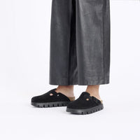 Black suede closed-toe clogs with chunky sole and buckle strap, on-model view