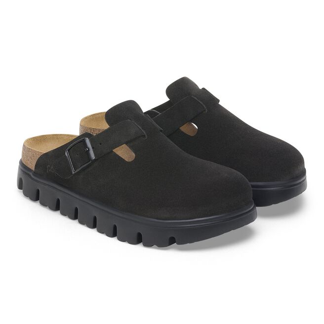 Pair of black suede closed-toe clogs with chunky lug sole and adjustable buckle strap