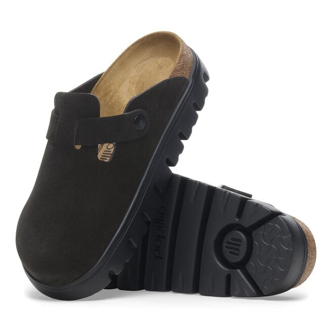Black suede closed-toe clogs with chunky ribbed sole, shown from side and bottom angles