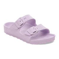 Light purple two-strap slide sandals with buckle closures on clean white background