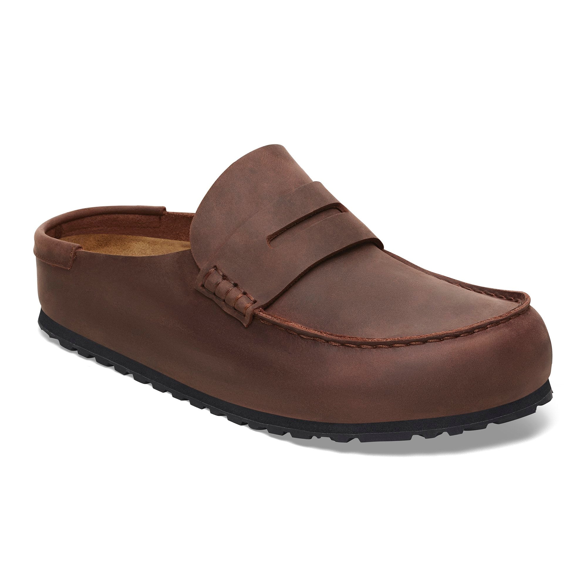 Brown oiled leather slip-on mule loafer with penny strap detail and black rubber sole, three-quarter view