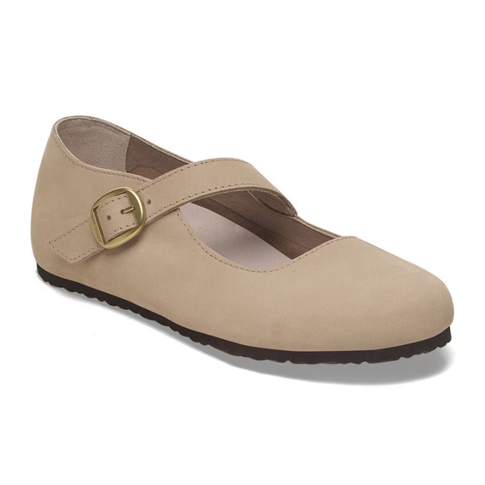 Women's mary jane flat shoe with buckle strap in light tan color