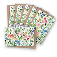 Set of greeting cards with watercolor floral design featuring pink roses and green foliage
