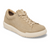 Light brown suede sneaker with lace-up closure and cream sole, side view