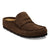 Brown suede slip-on loafer with penny strap detail and textured sole, side view