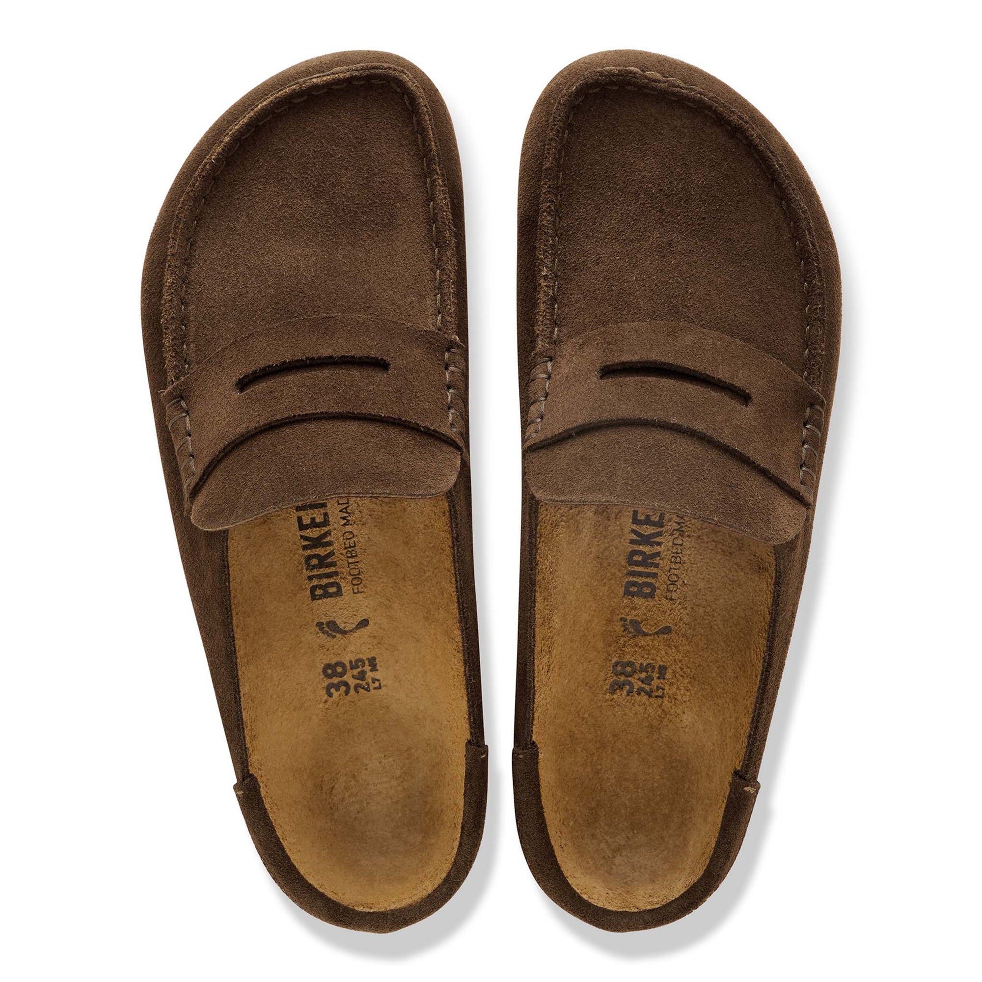 Brown suede loafers with penny strap detail and cork footbed, top-down view