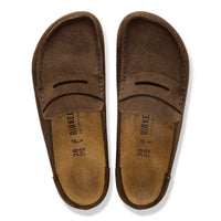 Brown suede loafers with penny strap detail and cork footbed, top-down view