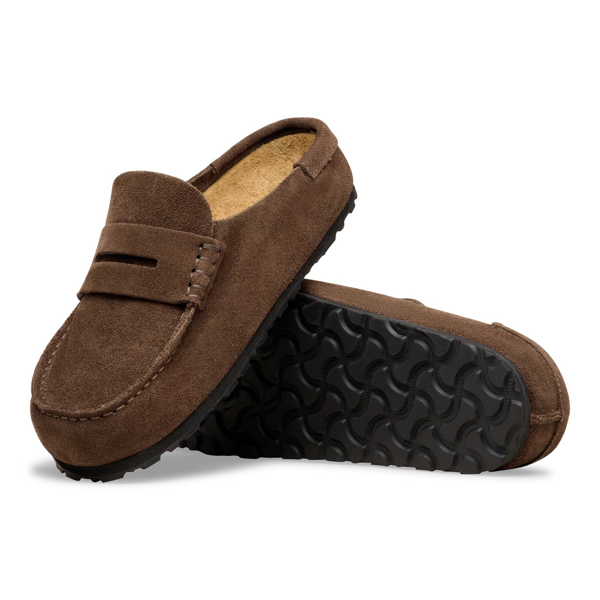 Brown suede loafers with penny strap detail, showing top and textured rubber sole