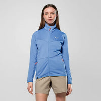 Light blue fleece jacket with full zip and stand collar worn by woman, front view