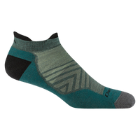 Low-cut ankle running sock in teal and sage green with gray toe and black heel, side view