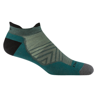 Low-cut ankle running sock in teal and sage green with gray toe and black heel, side view