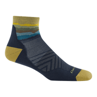 Quarter-length athletic sock in navy blue with tan toe, heel, and striped cuff detail