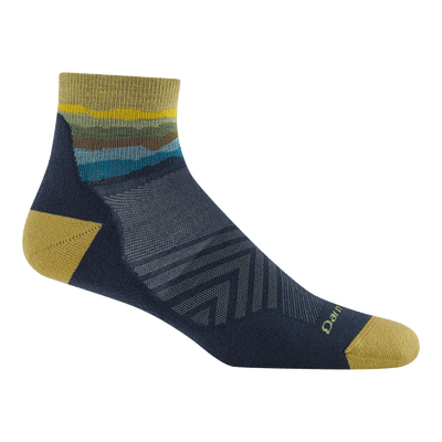 Quarter-length athletic sock in navy blue with tan toe, heel, and striped cuff detail
