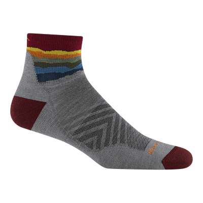 Quarter-length athletic sock in gray with multicolor striped cuff and burgundy heel and toe