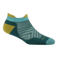 Low-cut athletic tab sock in teal with mustard yellow heel and toe, geometric pattern on ankle