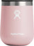 Light pink insulated stainless steel wine tumbler with lid and hand logo, front view