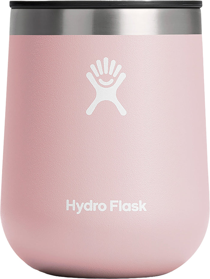 Light pink insulated stainless steel wine tumbler with lid and hand logo, front view