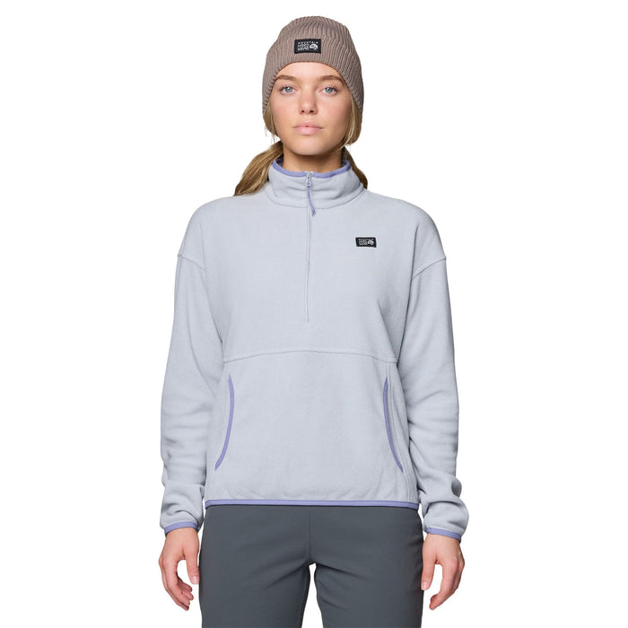 Light gray fleece half-zip pullover with kangaroo pocket on model, front view