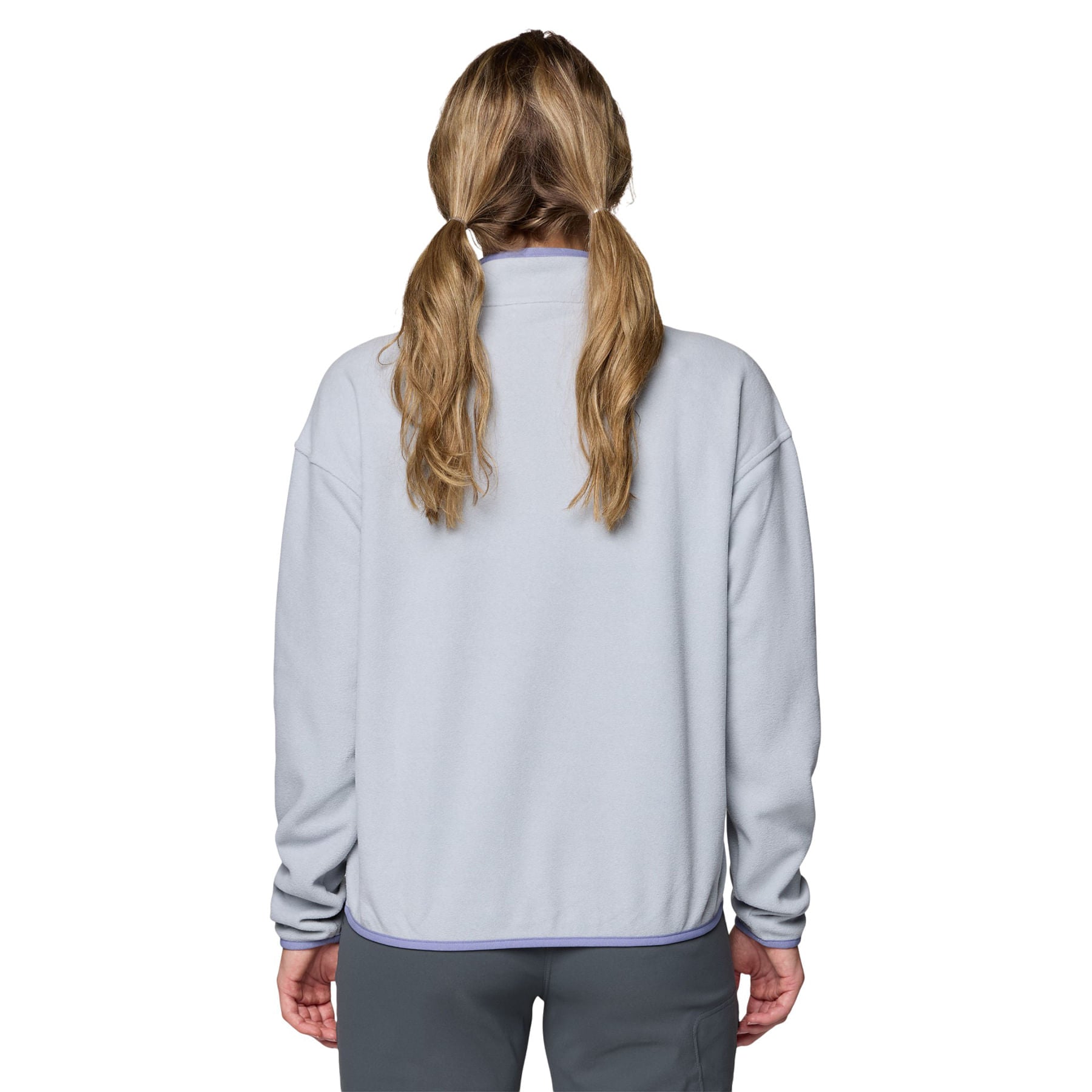 Light gray fleece pullover with half zip collar shown from back view