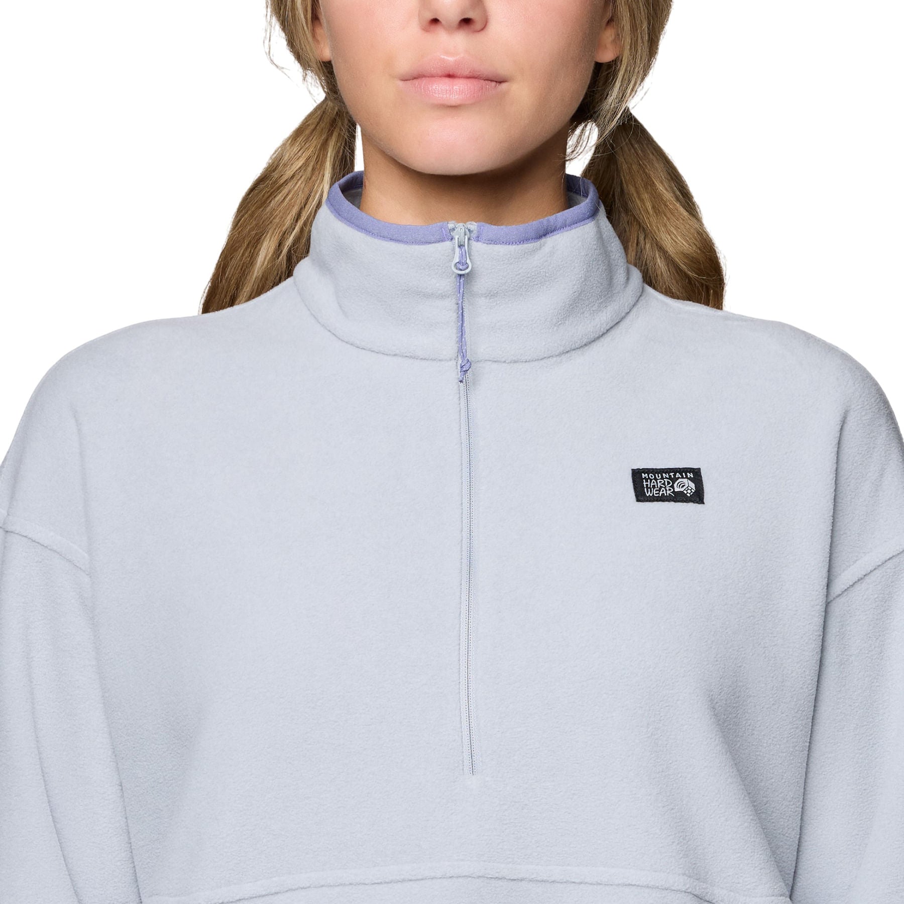 Light gray fleece pullover with half zip and high collar on model