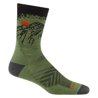 Olive green crew sock with mountain and evergreen tree graphic, black cuff and gray heel and toe