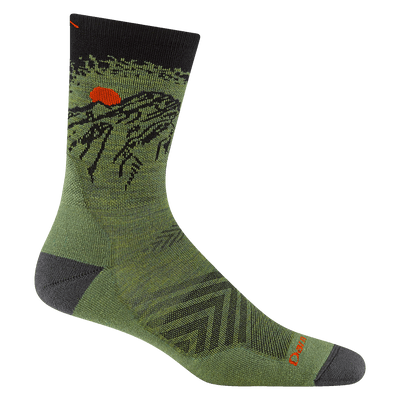 Olive green crew sock with mountain and evergreen tree graphic, black cuff and gray heel and toe