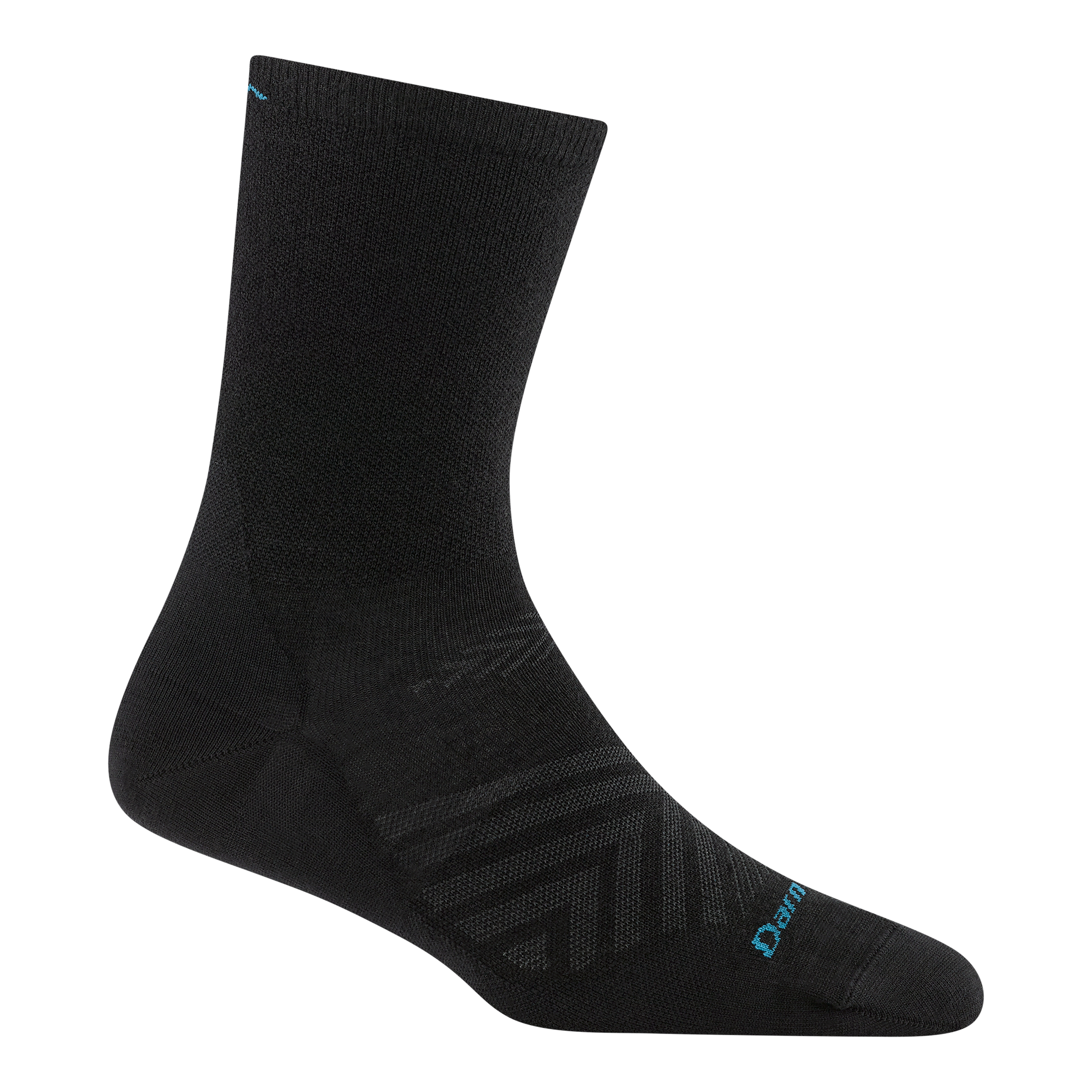 Black crew-length performance running sock with mesh ventilation zones and toe seam, side view