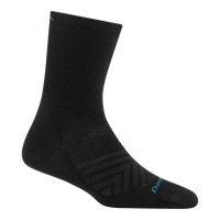 Black crew-length performance running sock with mesh ventilation zones and toe seam, side view
