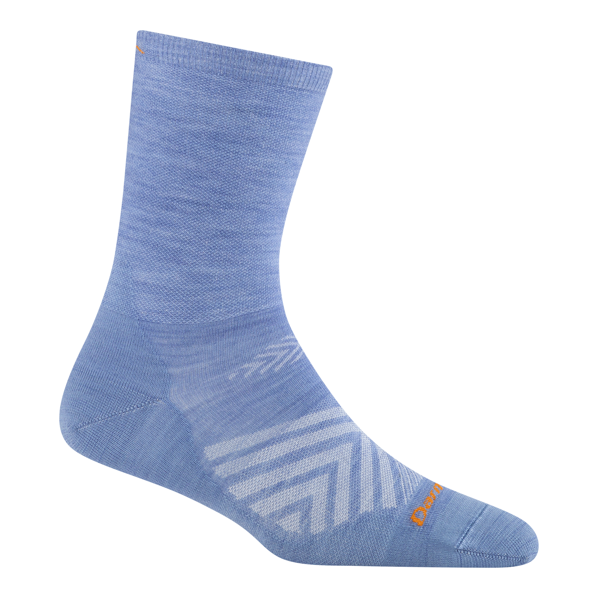 Light blue crew-length performance running sock with chevron pattern and cushioned sole, side view