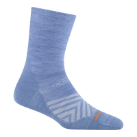 Light blue crew-length performance running sock with chevron pattern and cushioned sole, side view