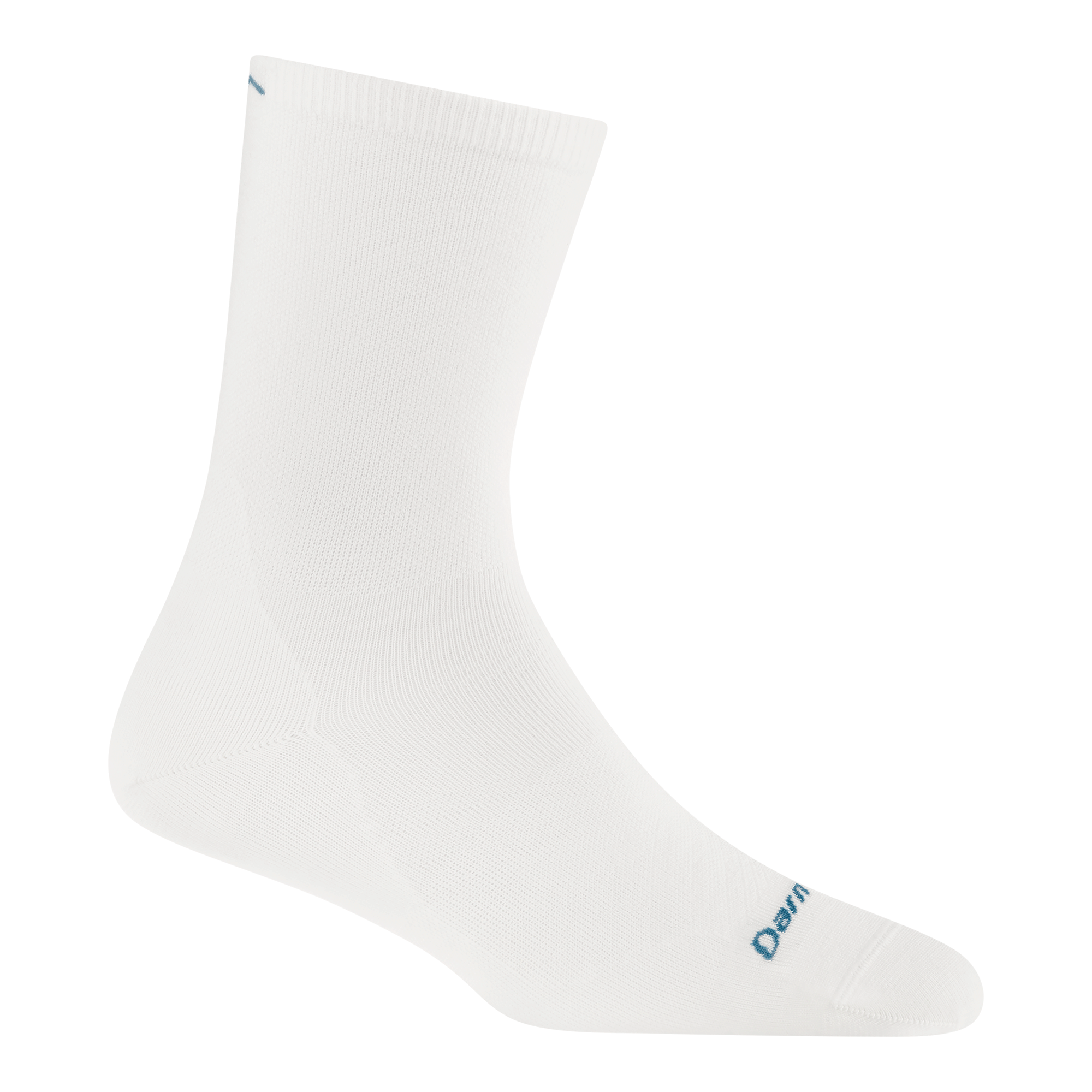 White crew-length athletic sock with ribbed cuff and cushioned sole, side view