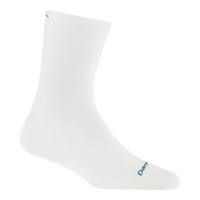 White crew-length athletic sock with ribbed cuff and cushioned sole, side view