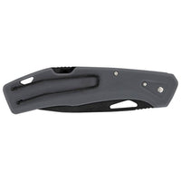 Gray folding knife with clip and textured handle, side view showing closed position