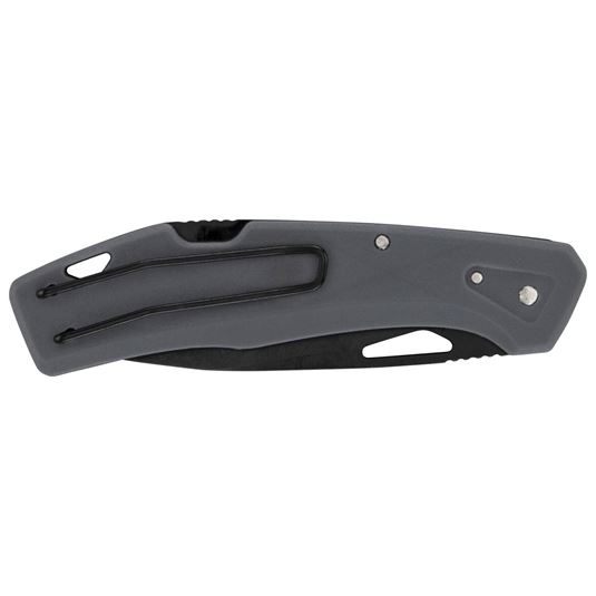 Gray folding knife with clip and textured handle, side view showing closed position