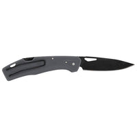 Gray folding knife with black blade shown in open position against white background