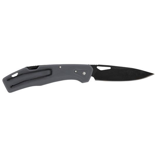 Gray folding knife with black blade shown in open position against white background