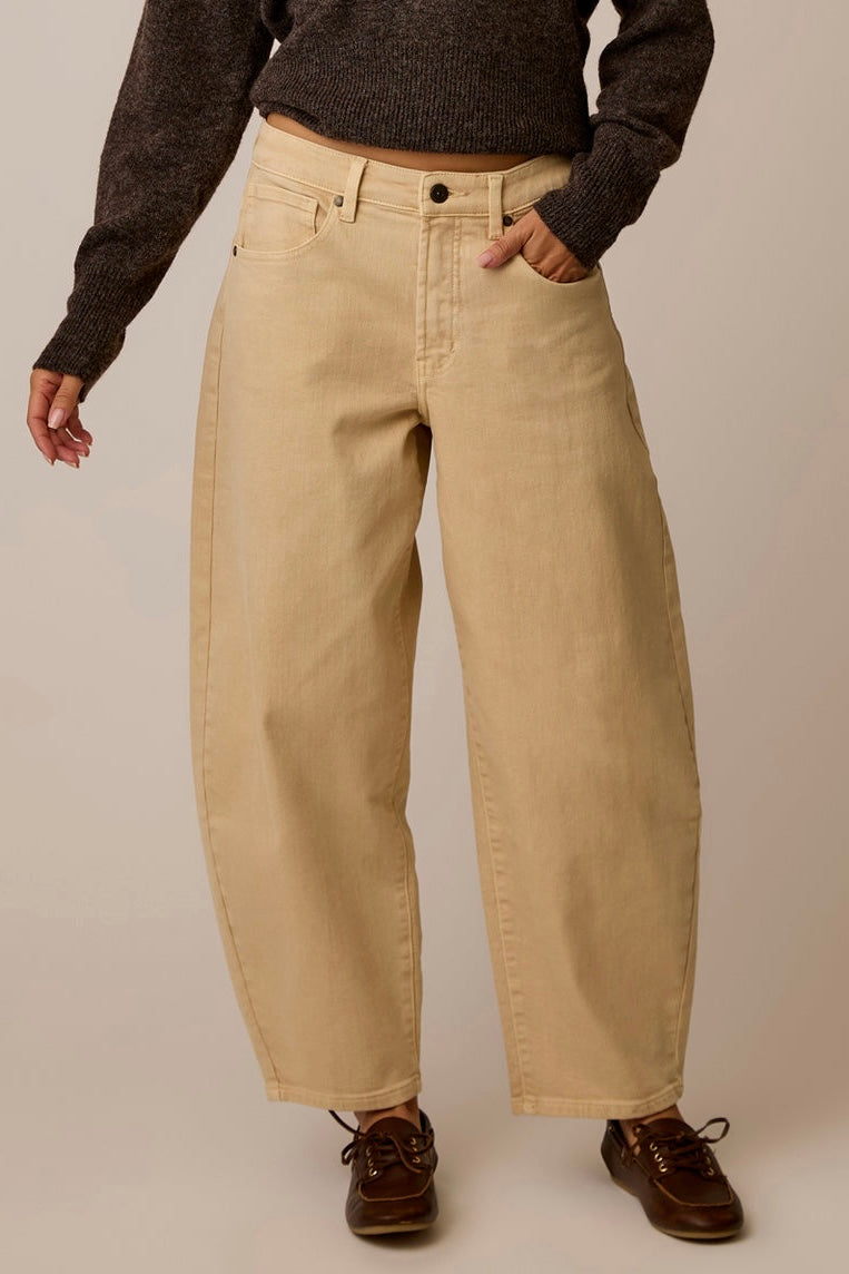 Women's wide-leg barrel fit pants in sandy beige, high-rise with five-pocket styling, front view