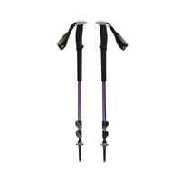 Pair of adjustable trekking poles with purple shafts, black foam grips, and wrist straps