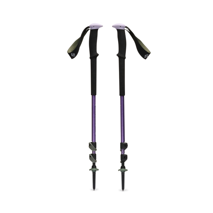 Pair of adjustable trekking poles with purple shafts, black foam grips, and wrist straps