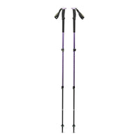 Pair of adjustable trekking poles with purple shafts, black tips, and wrist straps